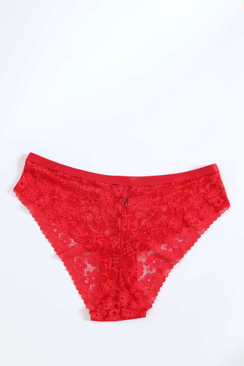 Shimmer Waistband Lace Midi Panty - Red