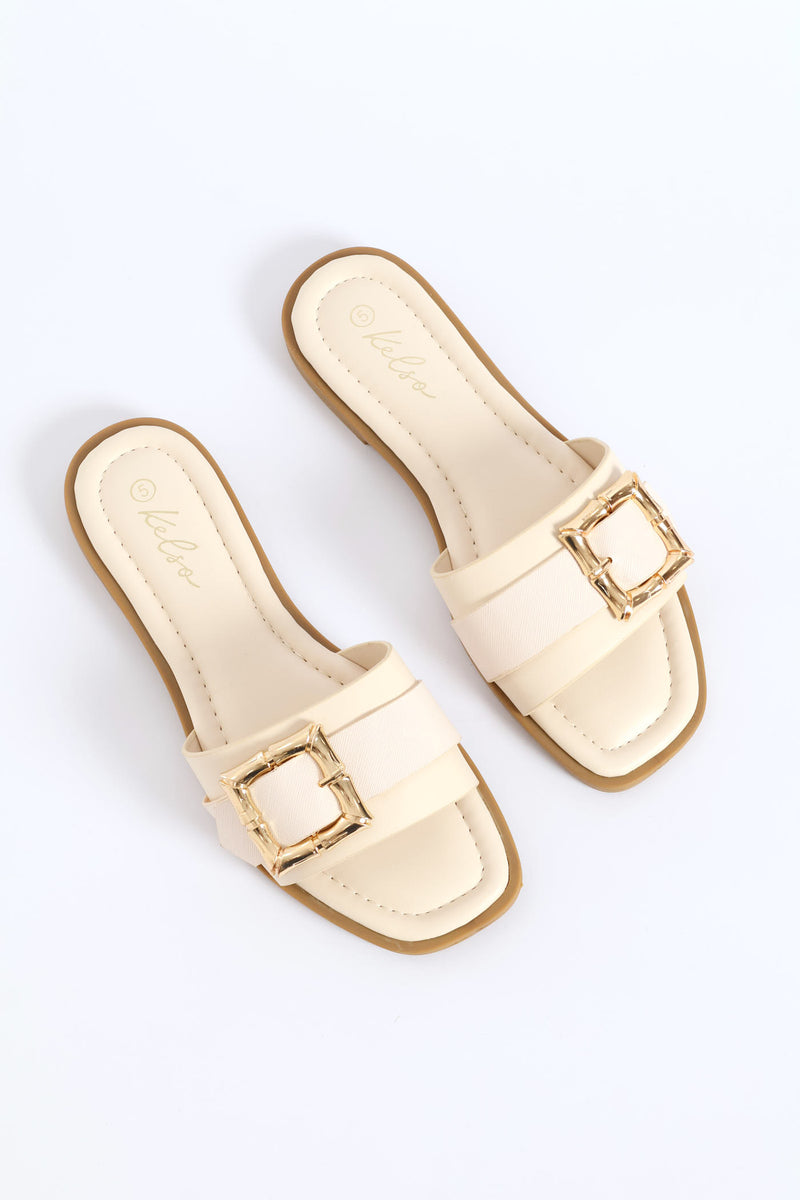 Bamboo Buckle Detail Single Band Sandal - White