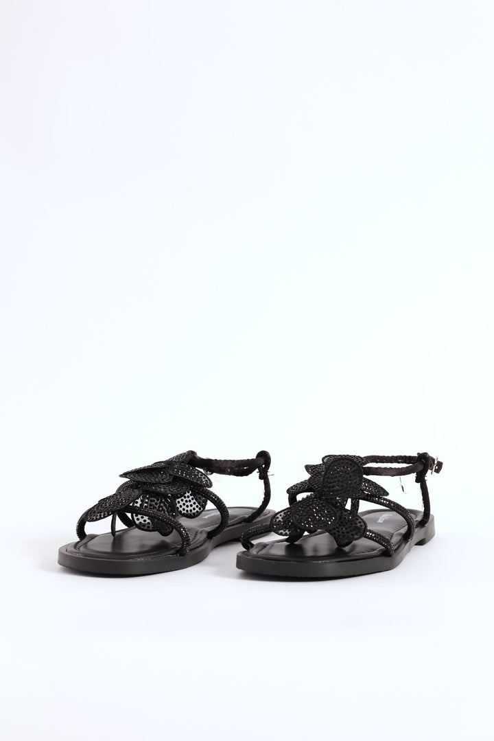Girls Embroidered Flower Sandal - Black
