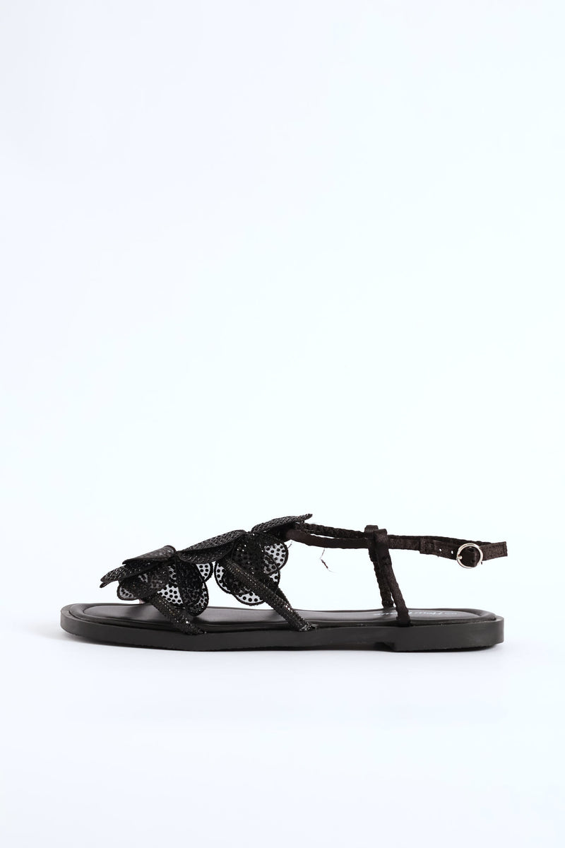 Girls Embroidered Flower Sandal - Black