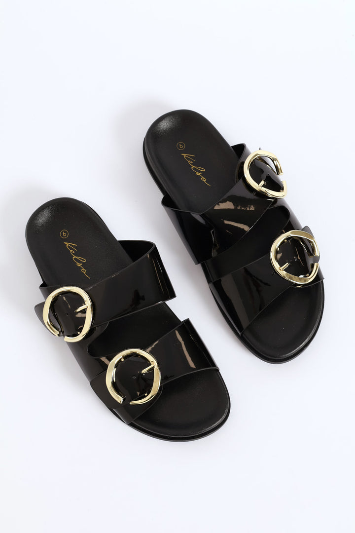 Double Shaped Buckle Slide Sandal - Black