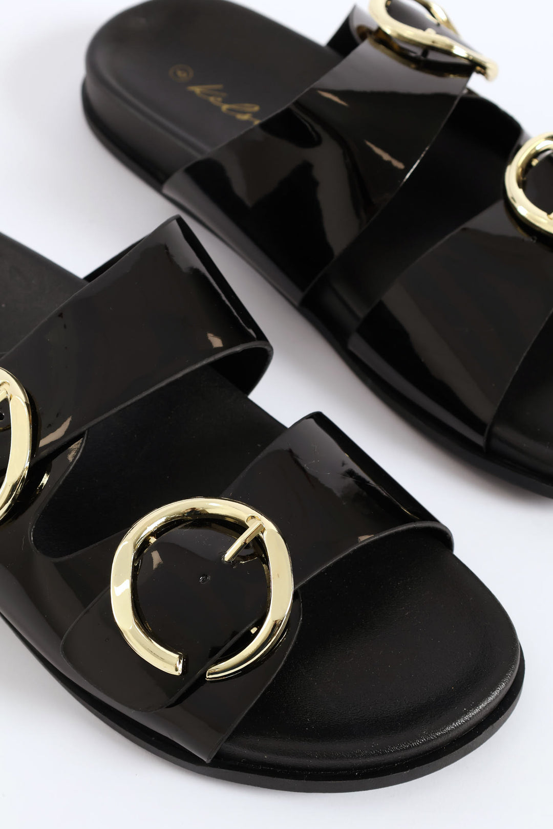 Double Shaped Buckle Slide Sandal - Black
