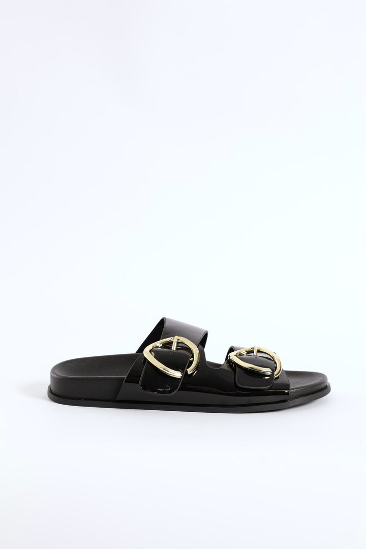 Double Shaped Buckle Slide Sandal - Black