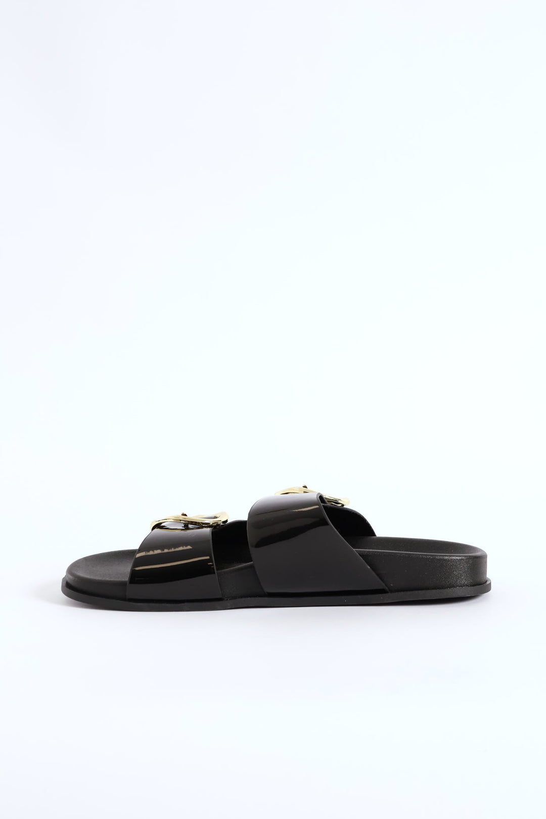 Double Shaped Buckle Slide Sandal - Black