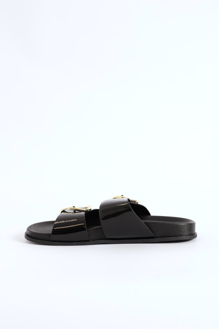 Double Shaped Buckle Slide Sandal - Black