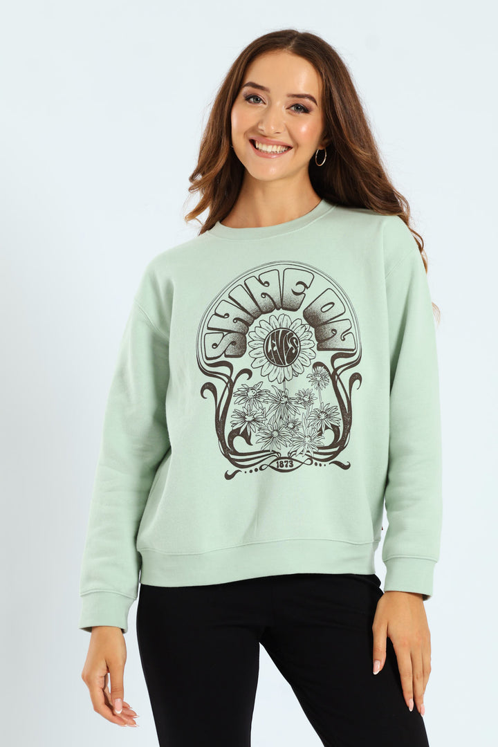 Shine On Poster Crew Top - Light Green