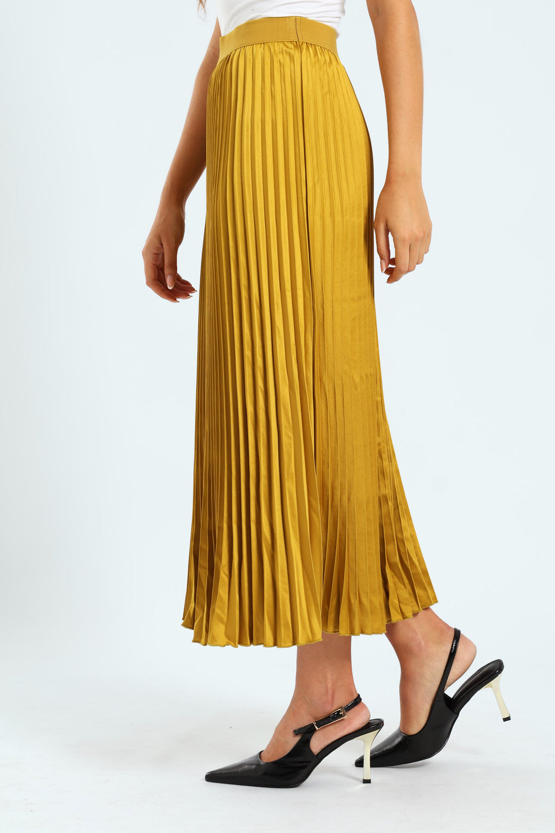 Elasticated Satin Pleated Maxi Skirt - Gold