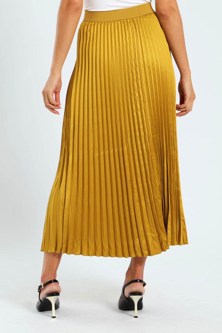Elasticated Satin Pleated Maxi Skirt - Gold