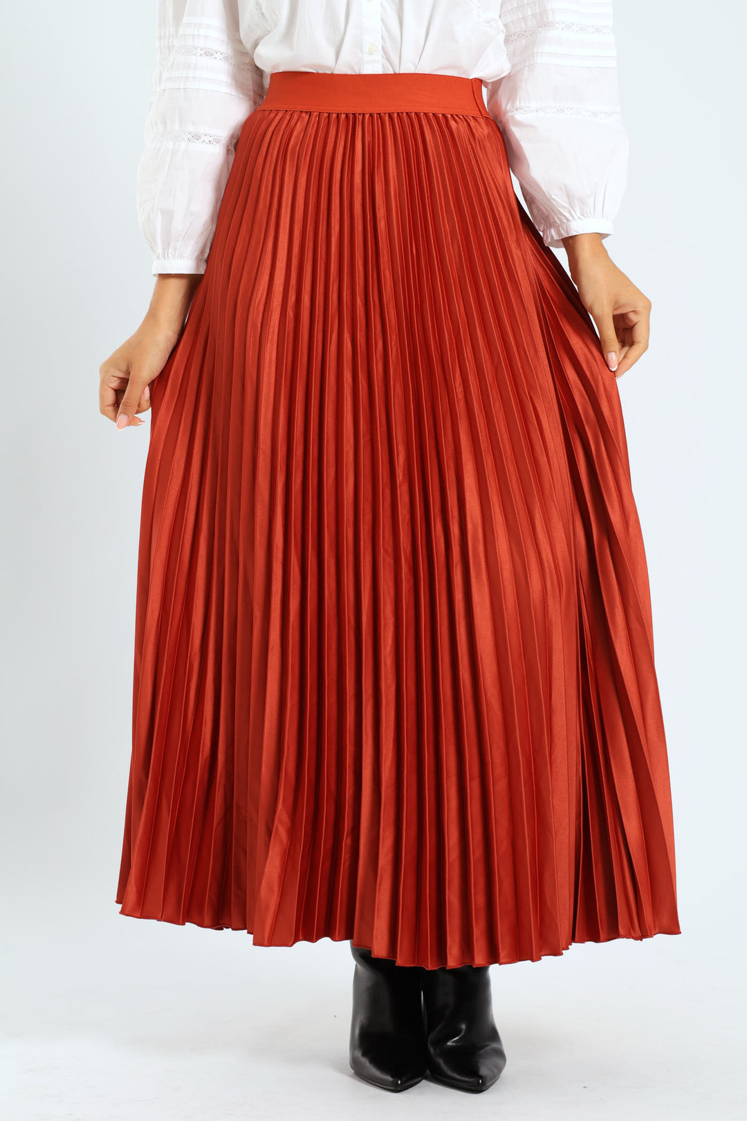 Pleated Satin Maxi Skirt - Copper