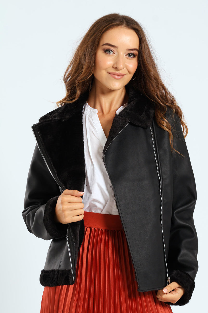 Tonal Fur Lined PU Aviator Jacket - Black