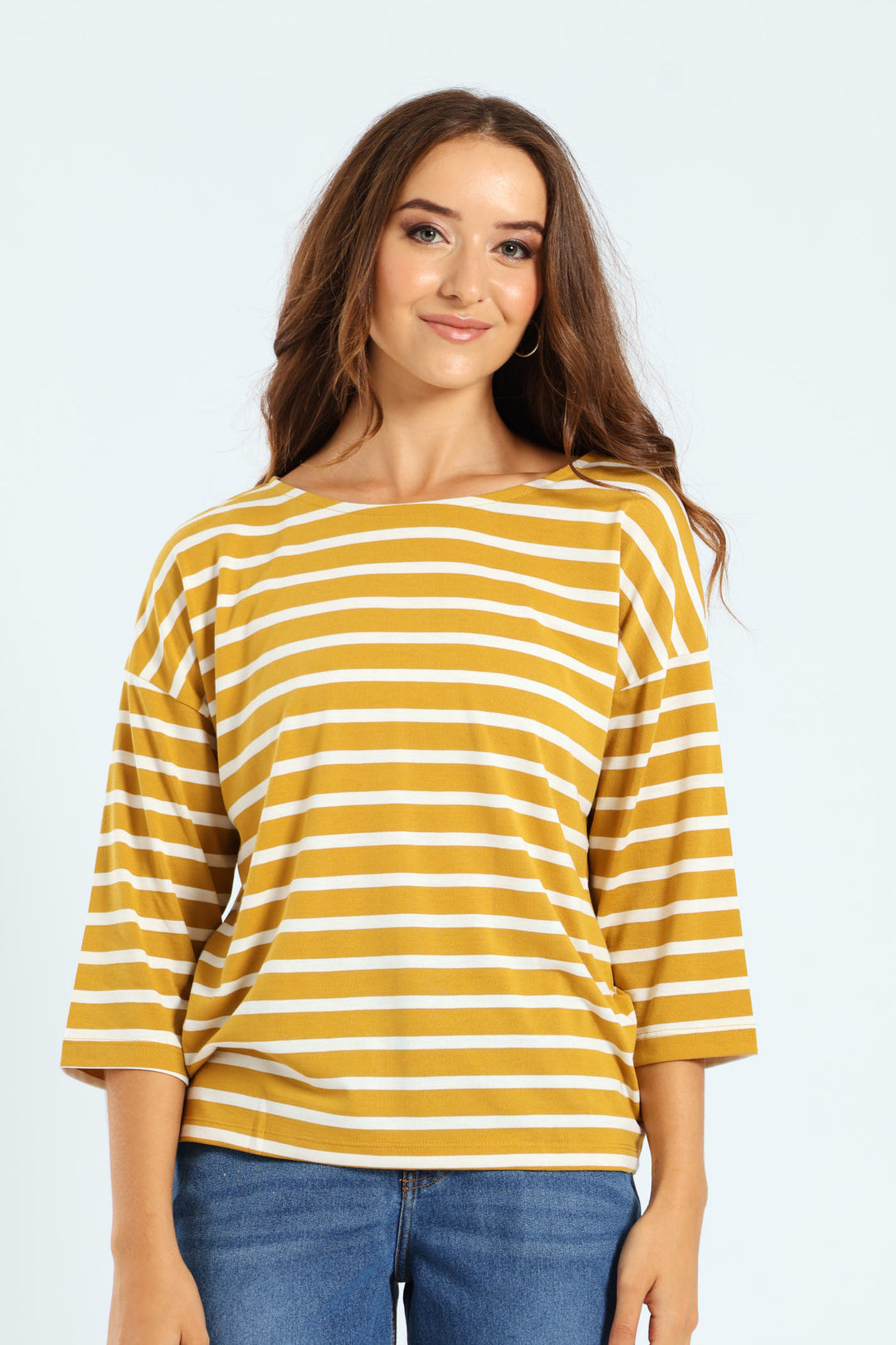 3/4 Sleeve Striped Slouchy Boatneck Top - Mustard/Cream