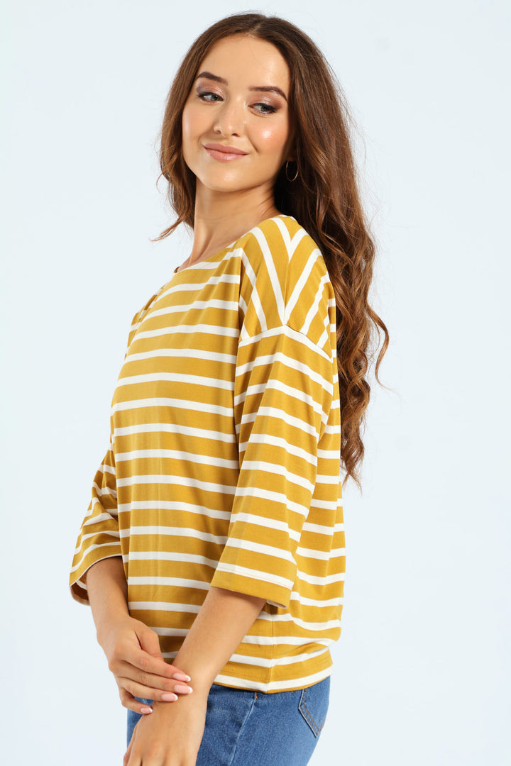 3/4 Sleeve Striped Slouchy Boatneck Top - Mustard/Cream