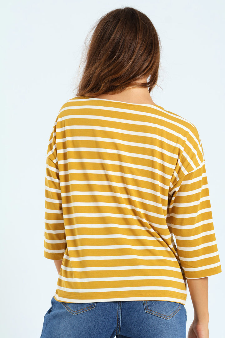 3/4 Sleeve Striped Slouchy Boatneck Top - Mustard/Cream
