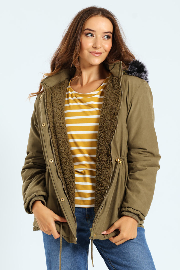 Sherpa Lined Parker With Contrast Detachable Fur Hood - Army Green