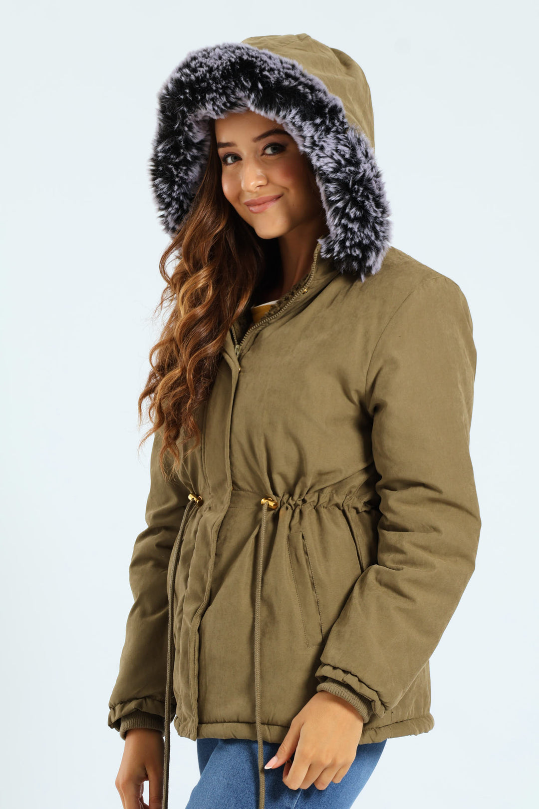 Sherpa Lined Parker With Contrast Detachable Fur Hood - Army Green