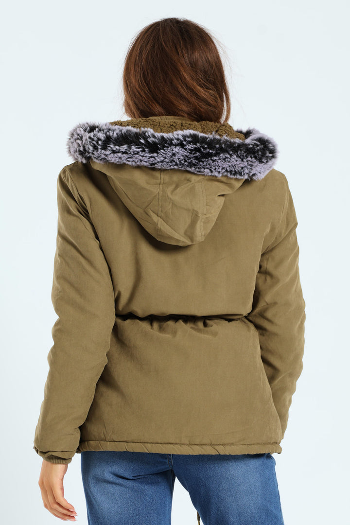 Sherpa Lined Parker With Contrast Detachable Fur Hood - Army Green