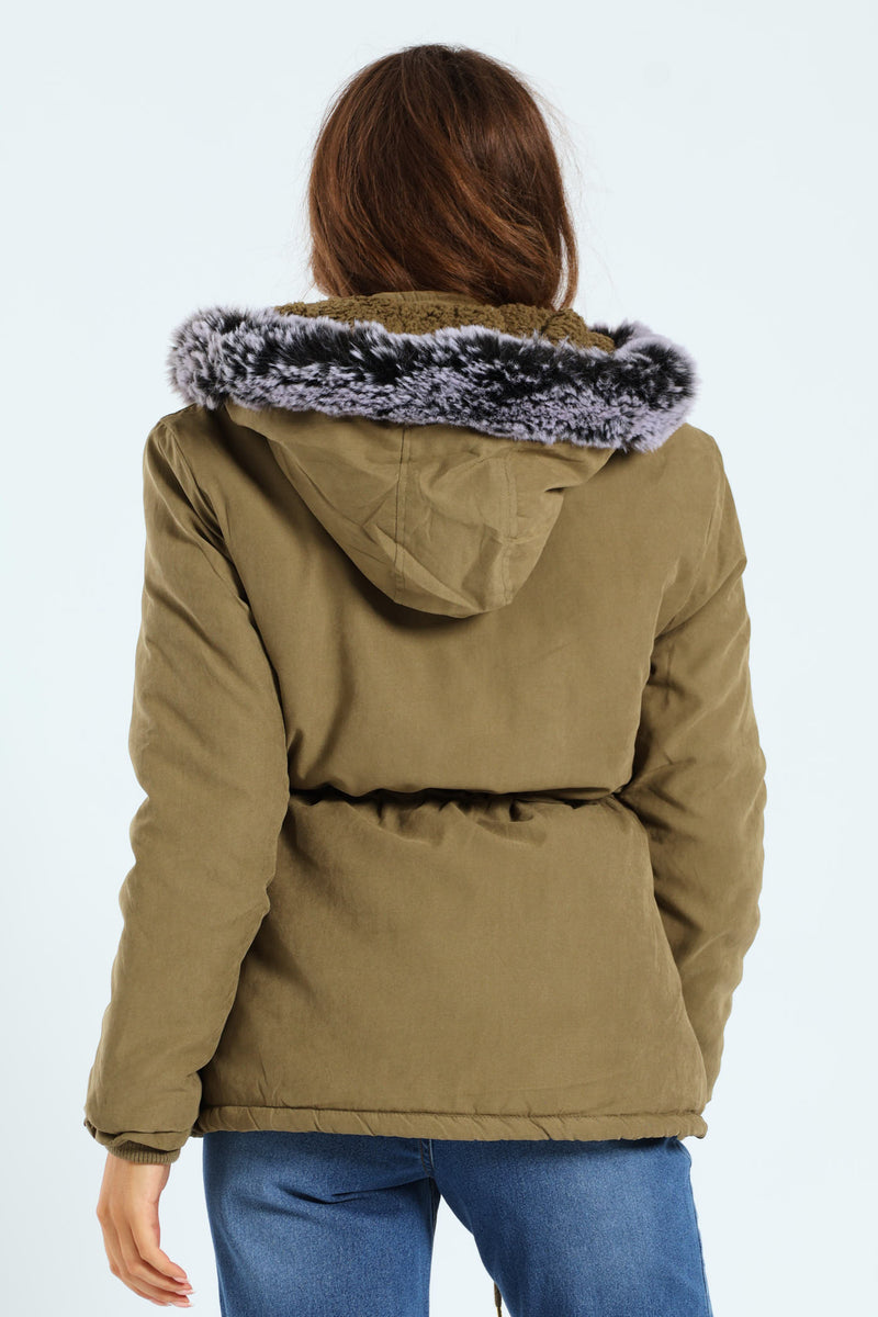 Sherpa Lined Parker With Contrast Detachable Fur Hood - Army Green