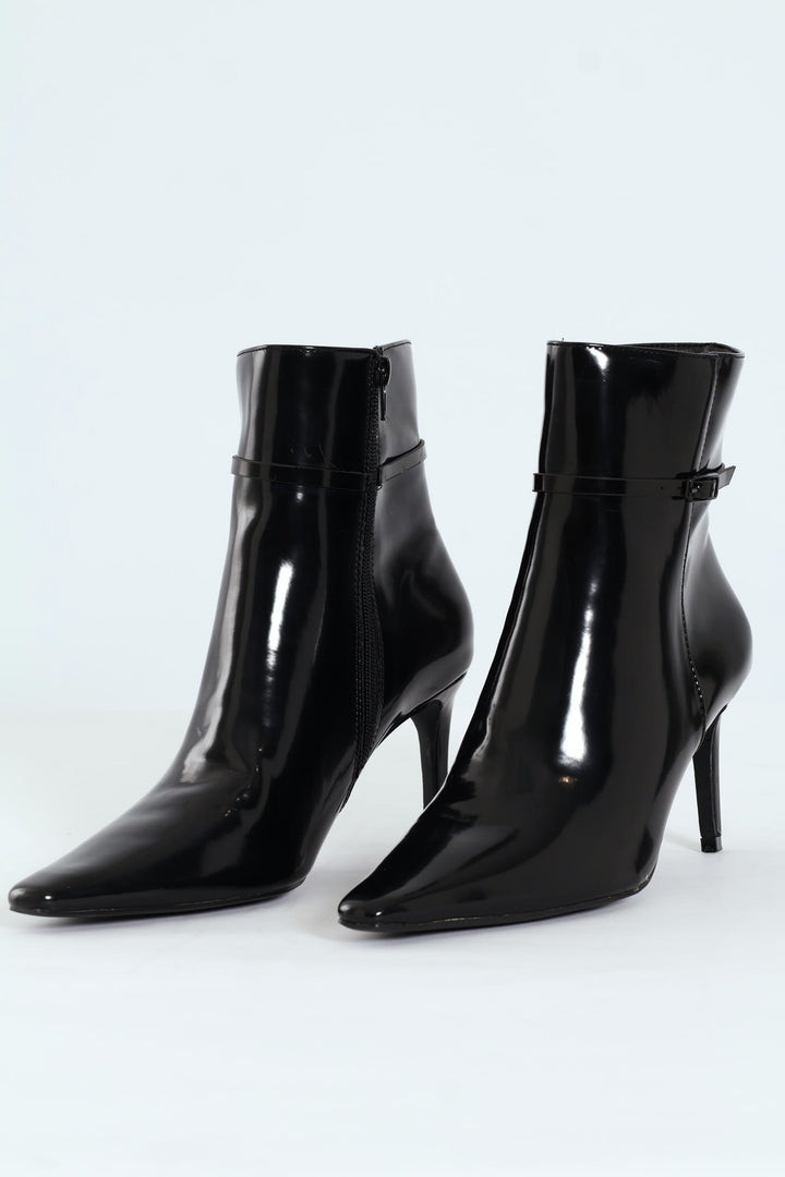 Pointed Self Colour Strap Ankle Boot - Black