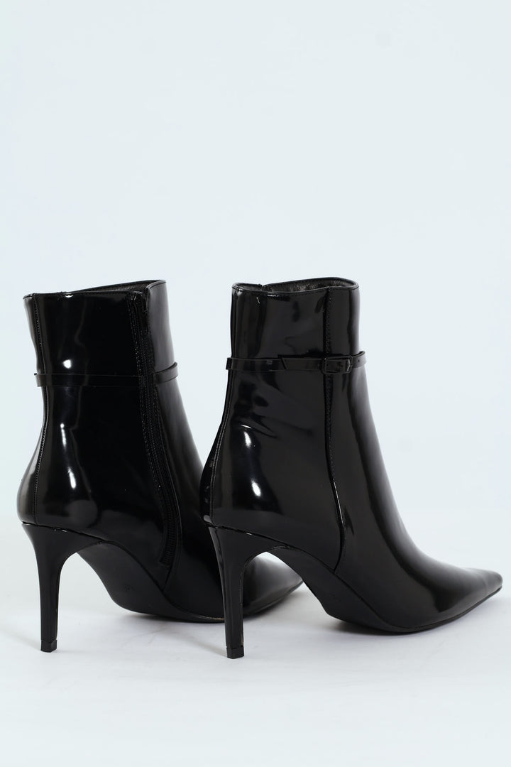Pointed Self Colour Strap Ankle Boot - Black
