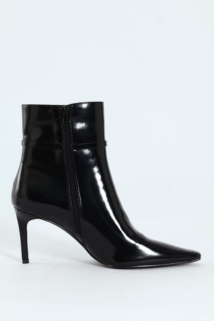 Pointed Self Colour Strap Ankle Boot - Black