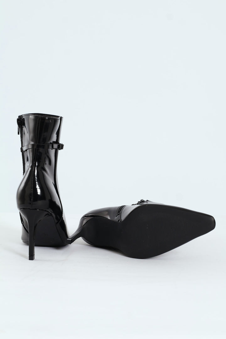Pointed Self Colour Strap Ankle Boot - Black