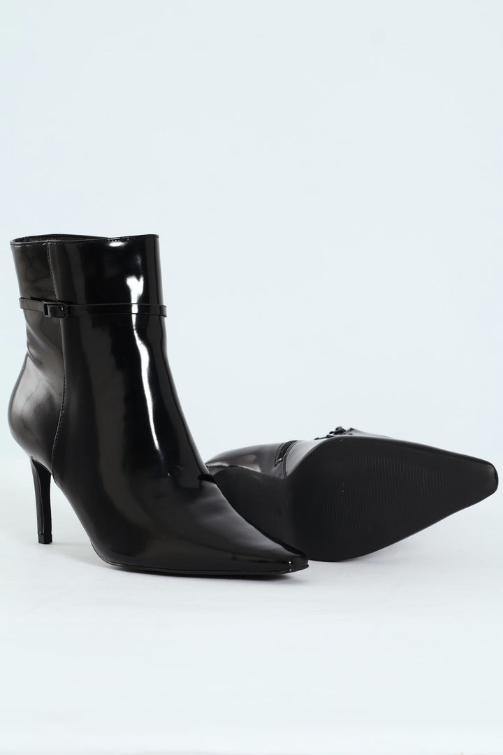 Pointed Self Colour Strap Ankle Boot - Black