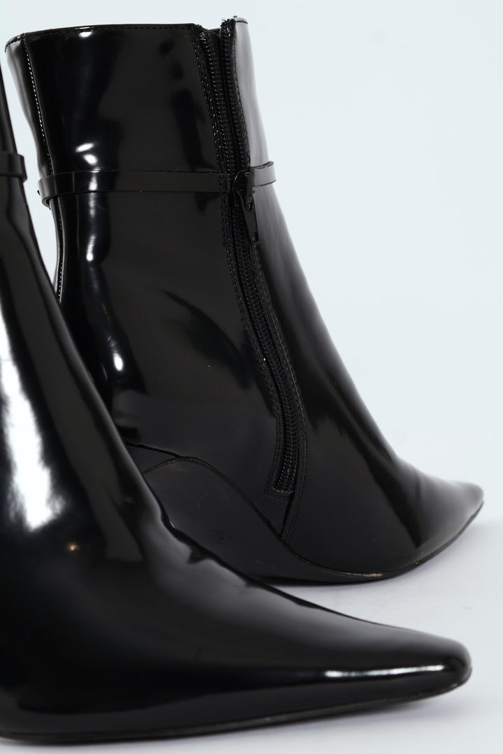 Pointed Self Colour Strap Ankle Boot - Black