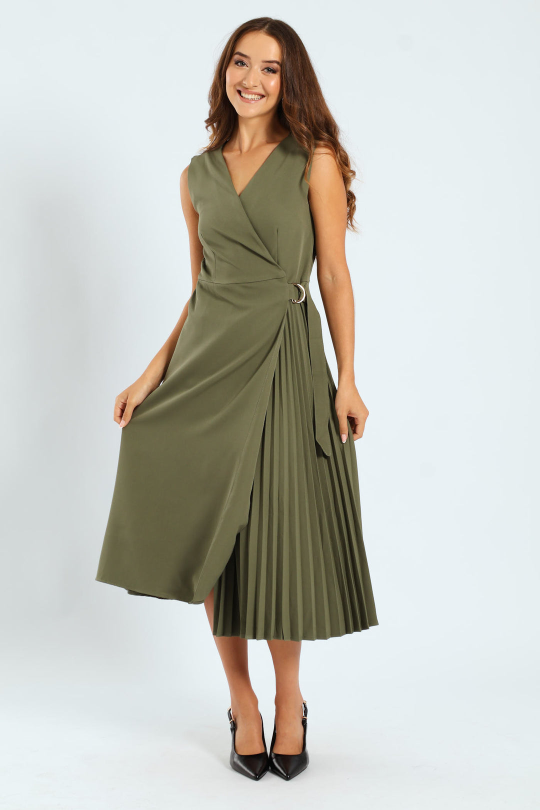 Mock Wrap Side Pleated Midi Dress