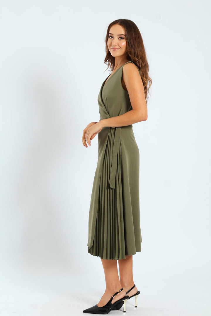 Mock Wrap Side Pleated Midi Dress