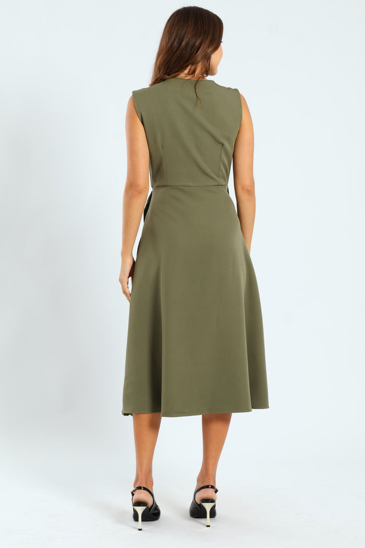 Mock Wrap Side Pleated Midi Dress