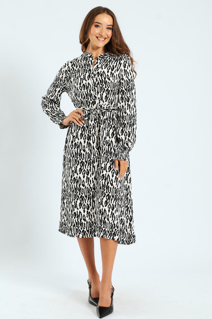 Half Placket Shirred Cuff Tiered Maxi Shirt Dress