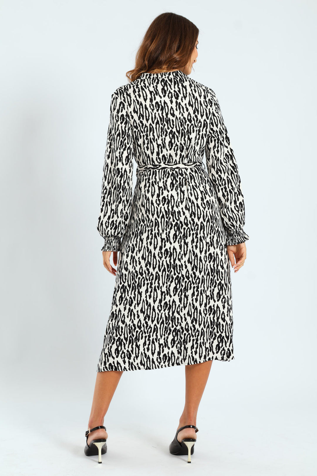 Half Placket Shirred Cuff Tiered Maxi Shirt Dress