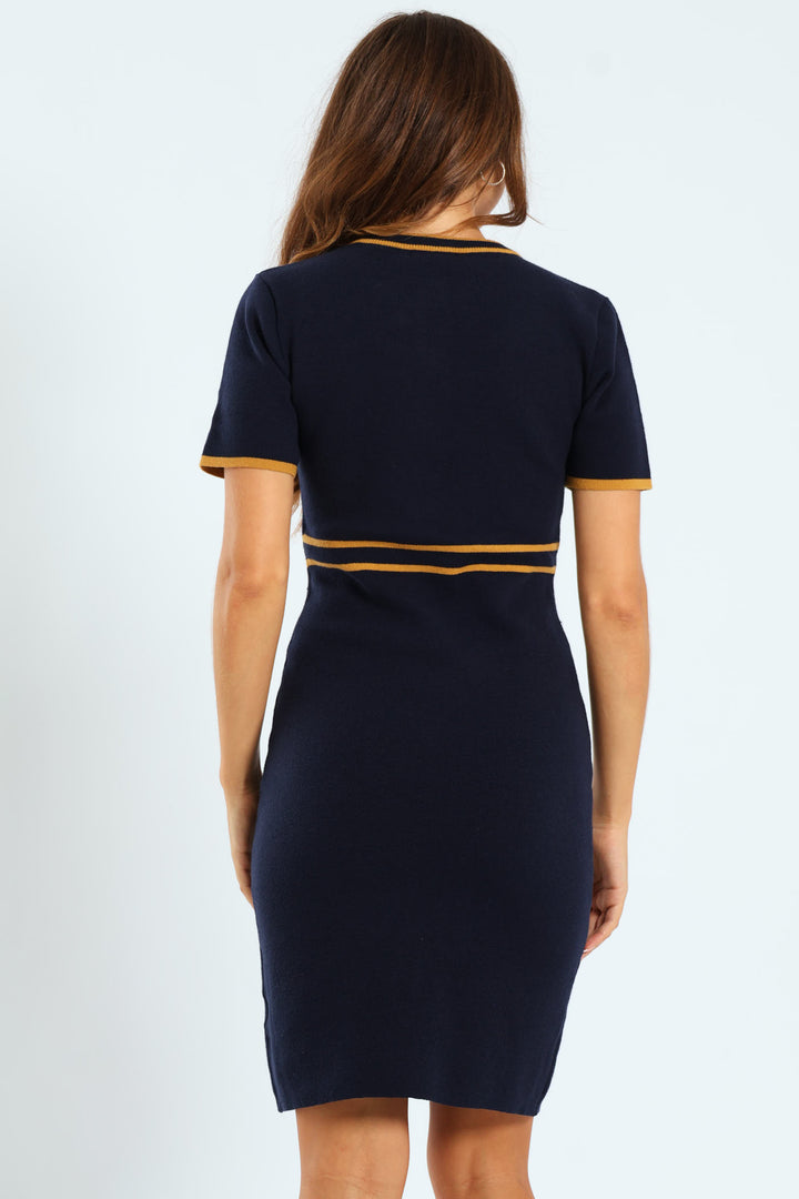 Preppy Contrast Tipped Knitwear Dress - Navy
