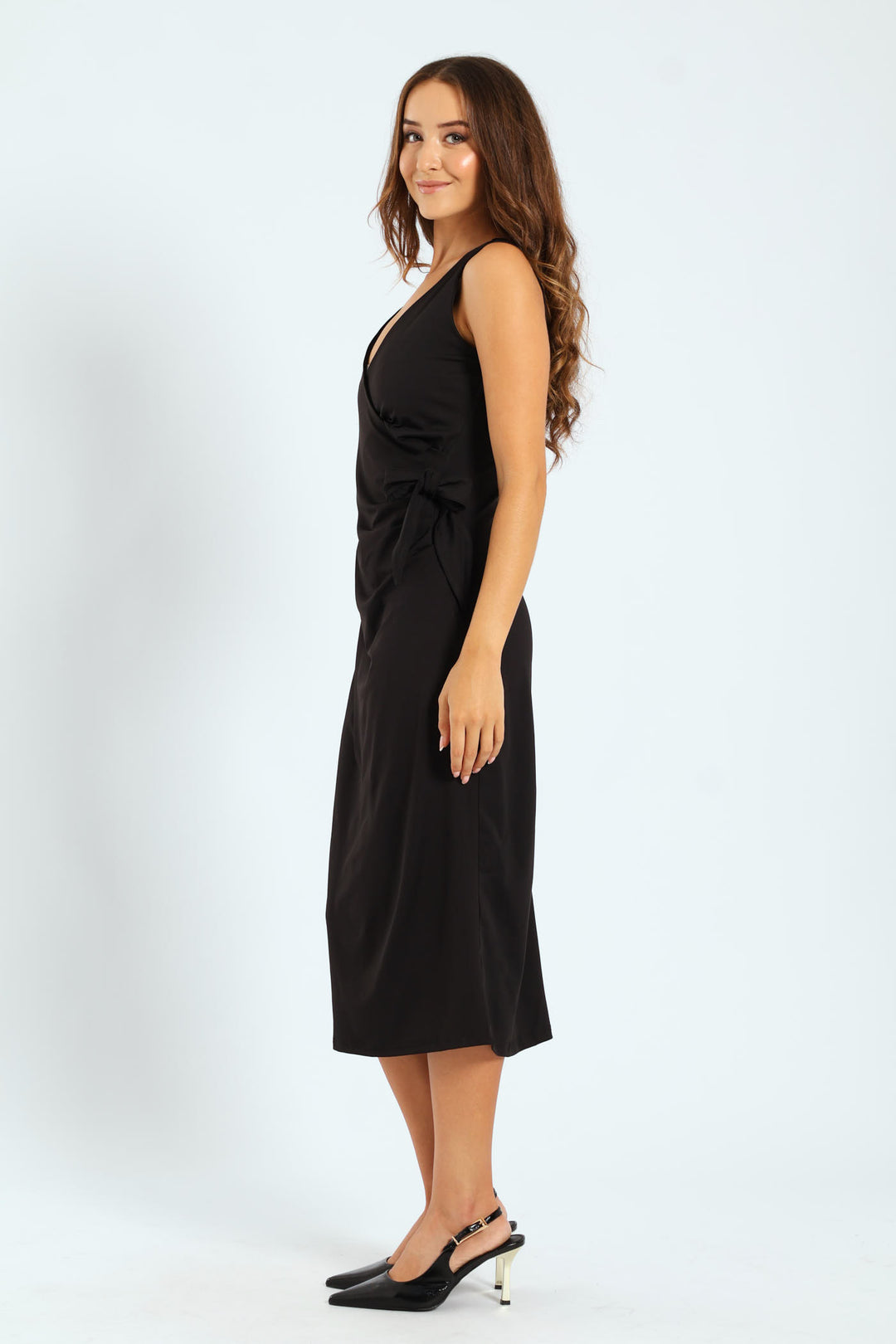 Mock Wrap Tie Up Midi Dress