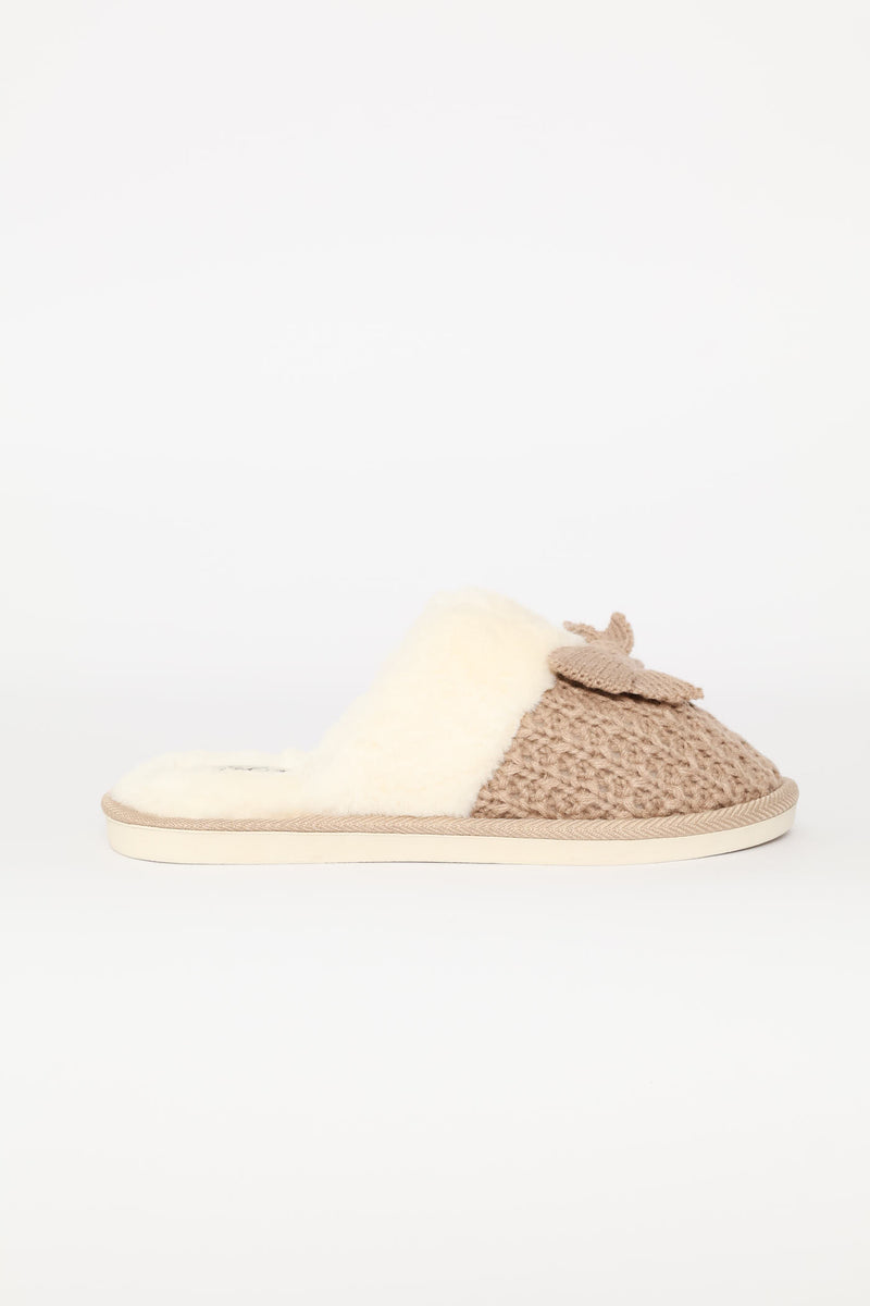 Petersham Bow Detail & Crochet Upper Slipper - Stone