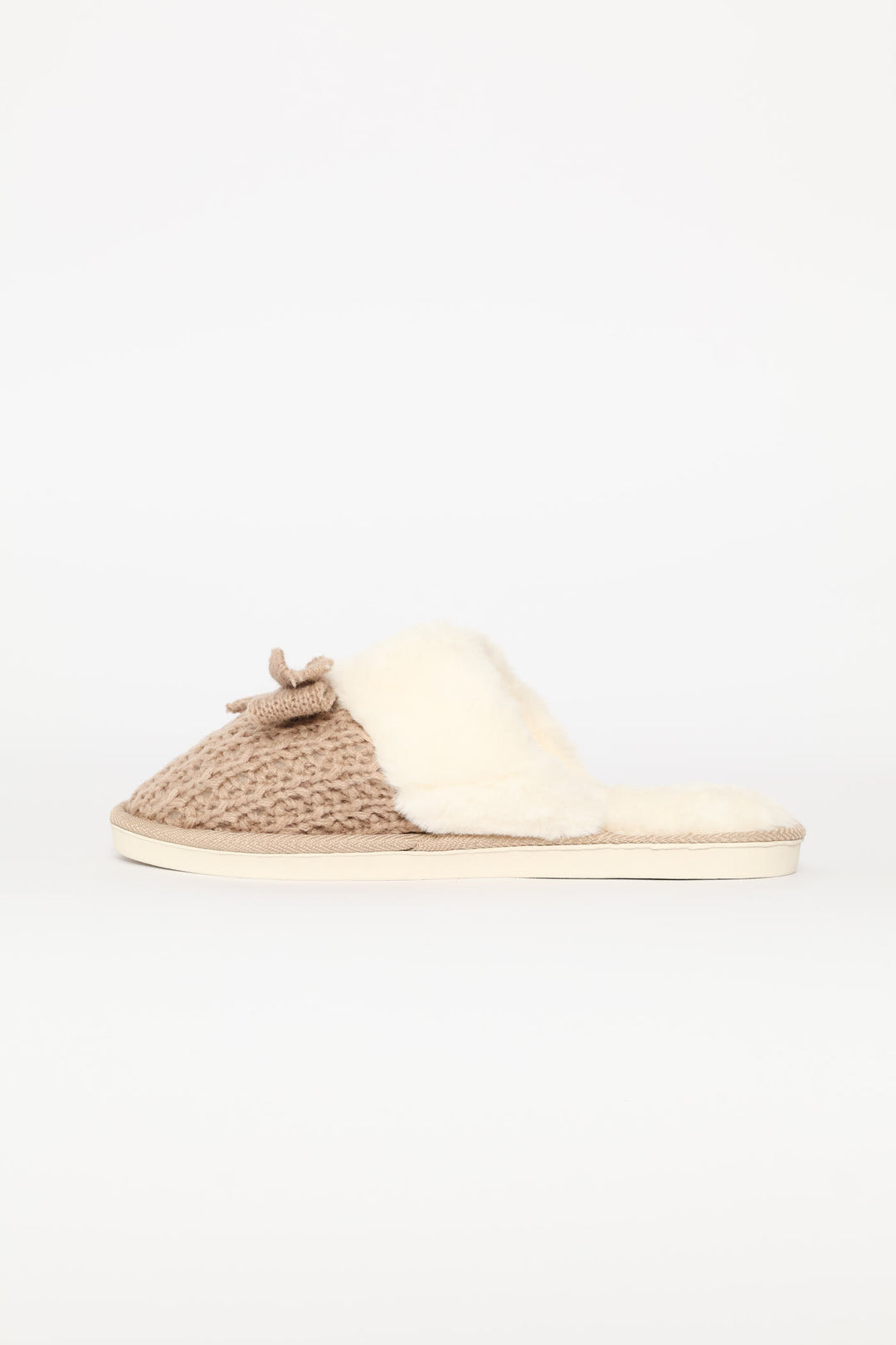 Petersham Bow Detail & Crochet Upper Slipper - Stone