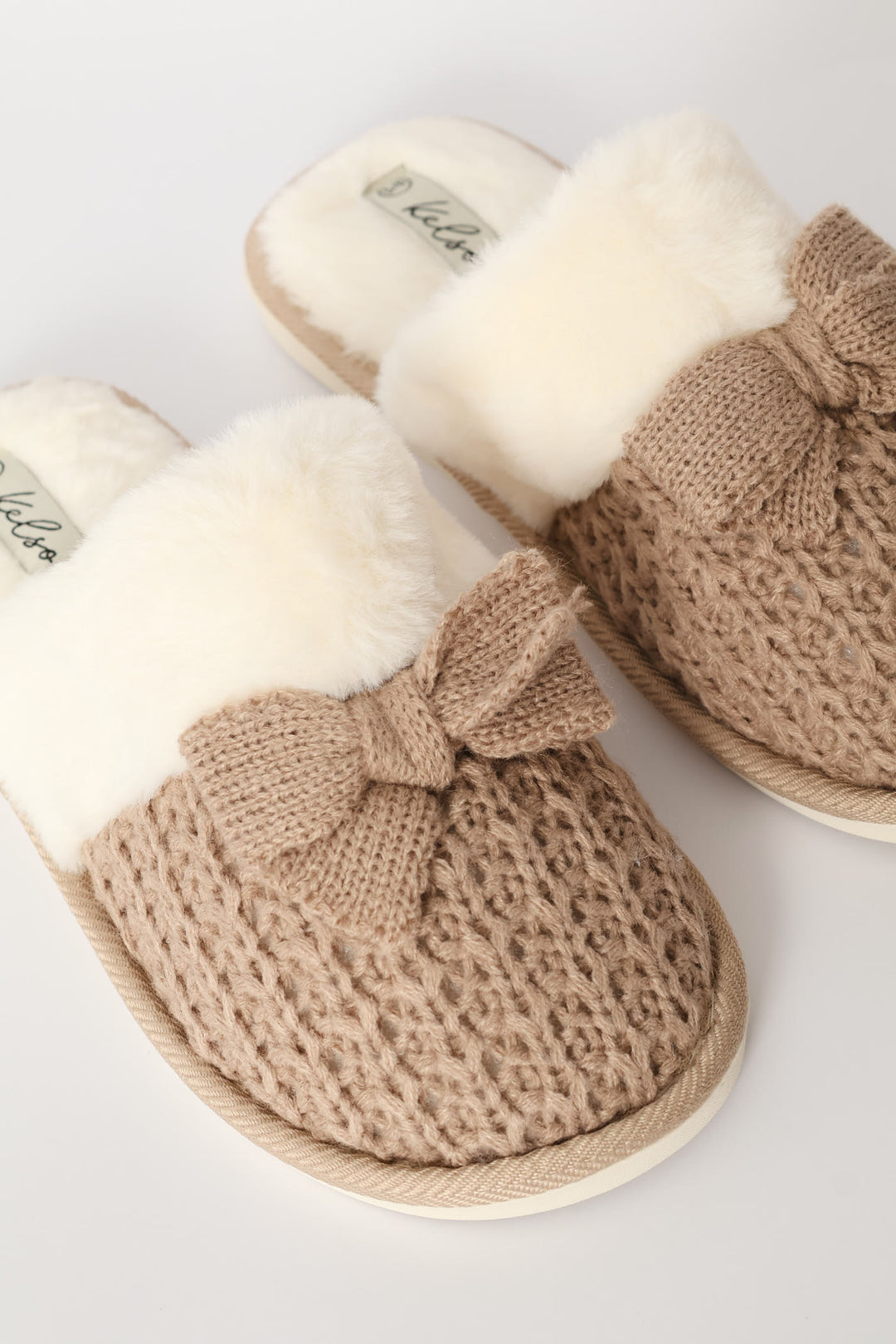 Petersham Bow Detail & Crochet Upper Slipper - Stone
