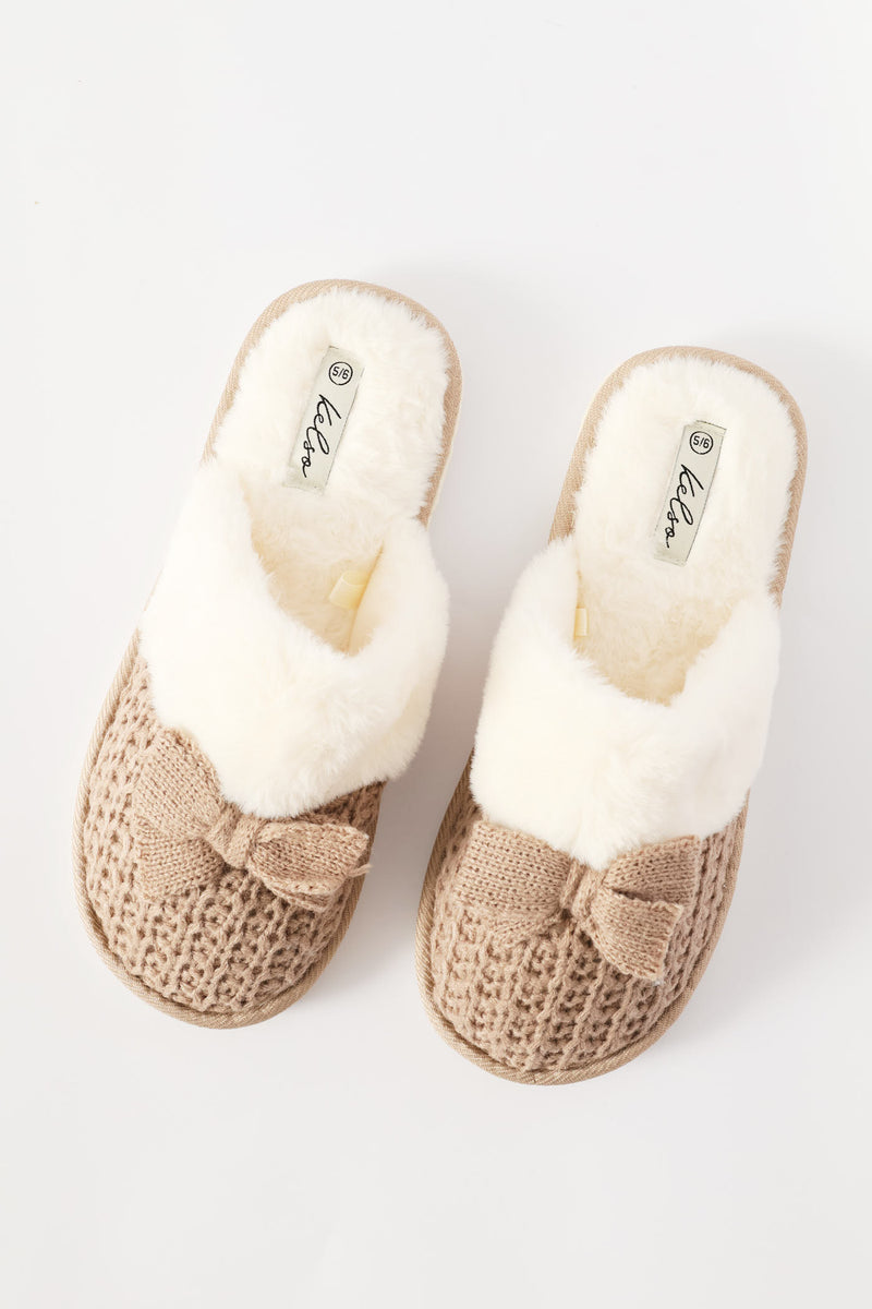 Petersham Bow Detail & Crochet Upper Slipper - Stone