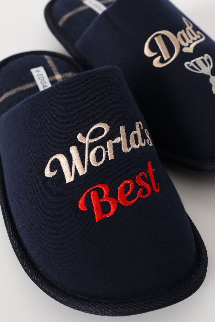 Worlds Best Dad Open Back Slipper - Navy/Beige