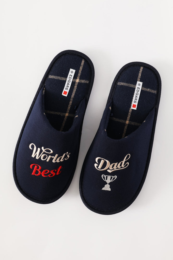 Worlds Best Dad Open Back Slipper - Navy/Beige