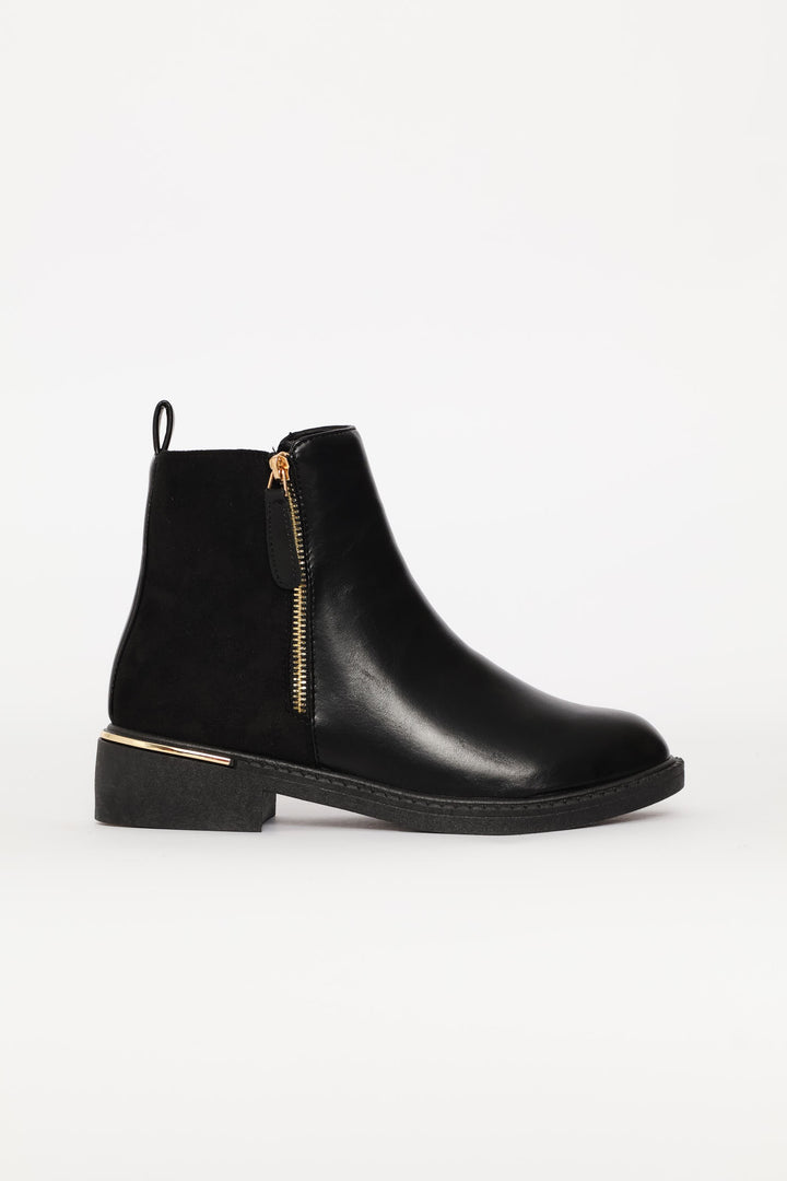 Contrast Fabric Zip Detail Chelsea Boot - Black