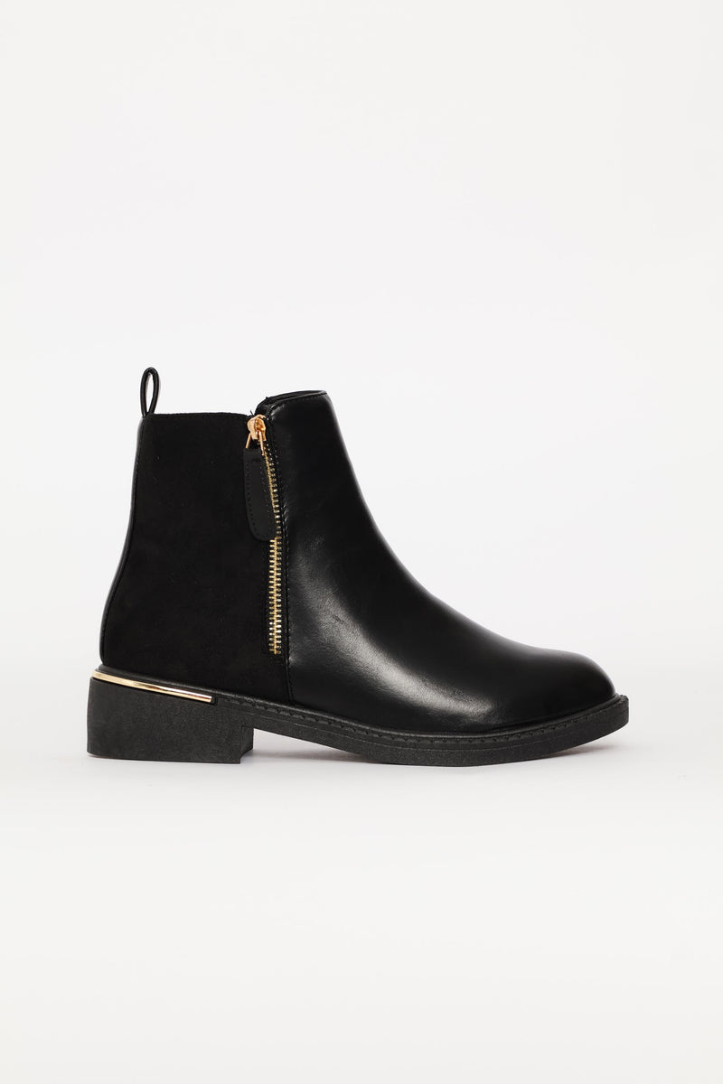 Contrast Fabric Zip Detail Chelsea Boot - Black