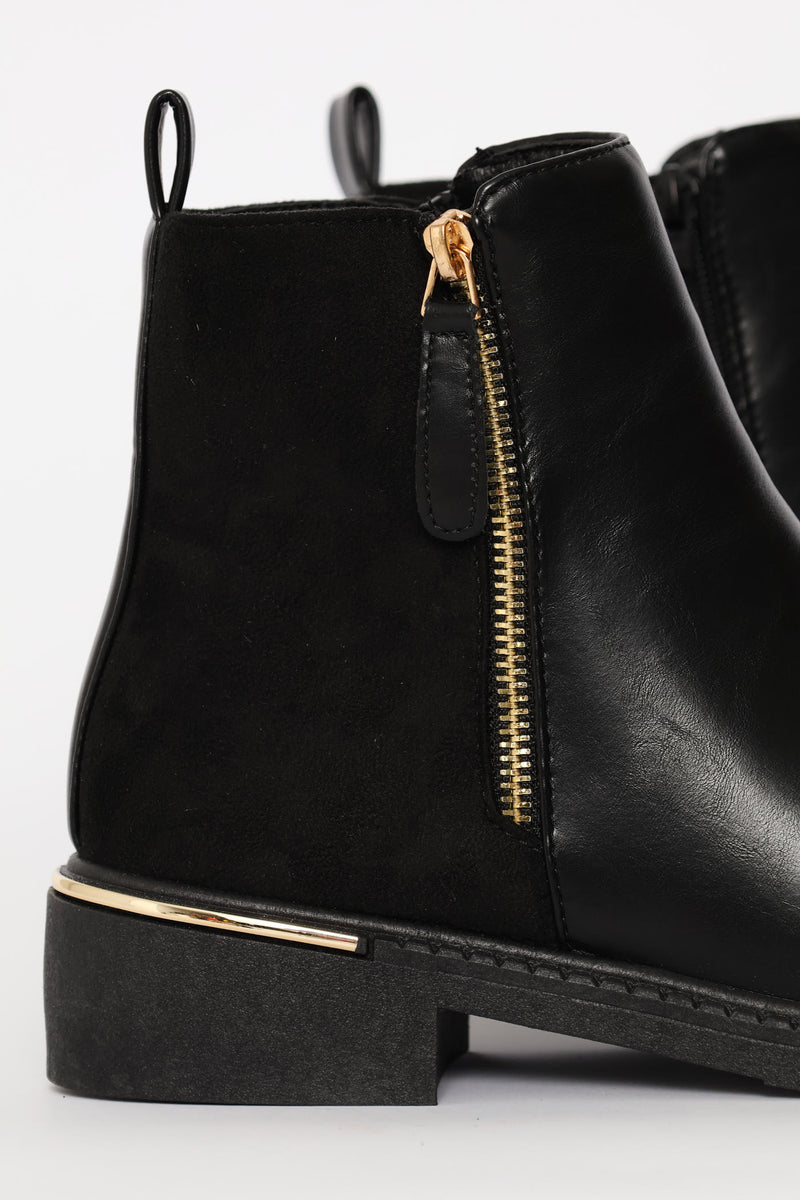 Contrast Fabric Zip Detail Chelsea Boot - Black