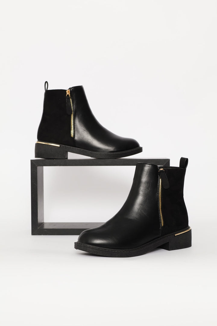 Contrast Fabric Zip Detail Chelsea Boot - Black