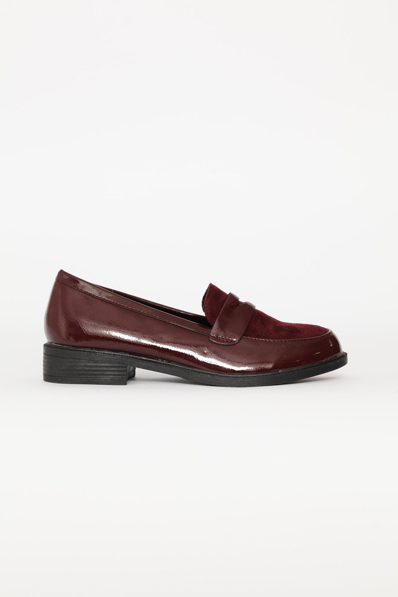 Penny Loafer With Contrast Fabric Vamp - Burgundy