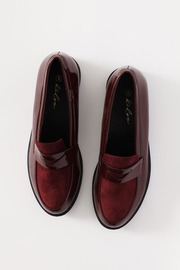 Penny Loafer With Contrast Fabric Vamp - Burgundy