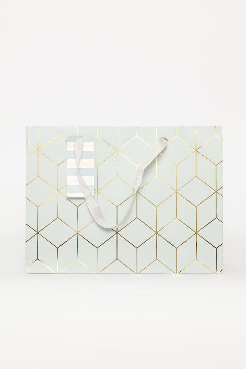 Gold Foil Cube Print Gift Bag - Light Blue