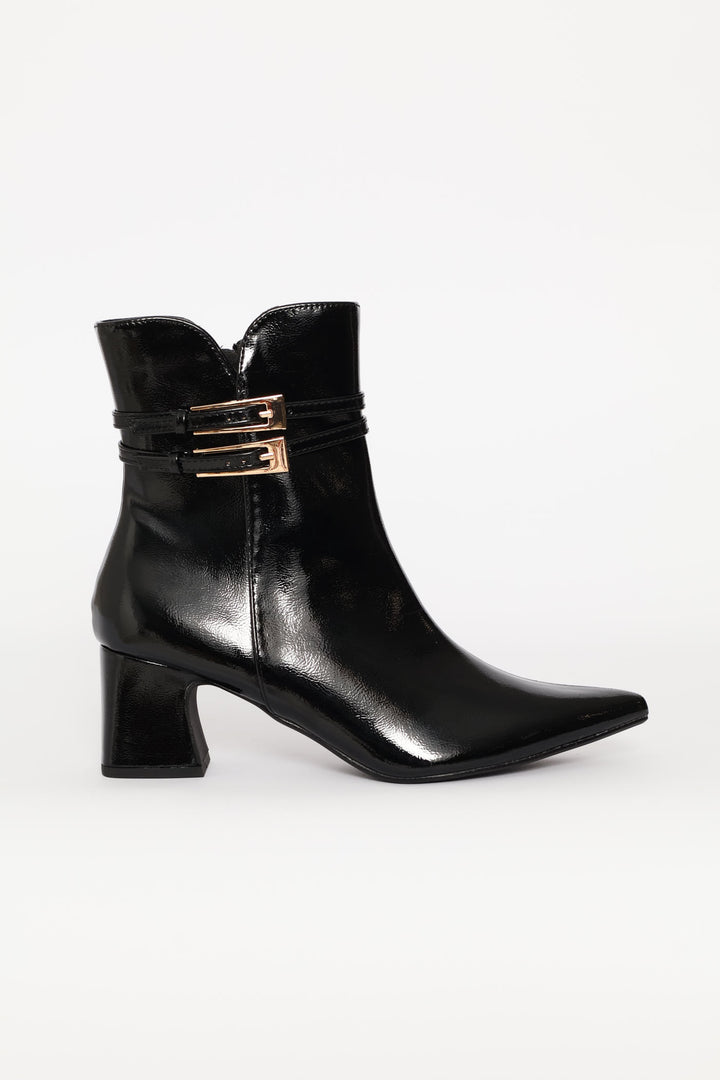 Double Buckle Trim Ankle Boot - Black