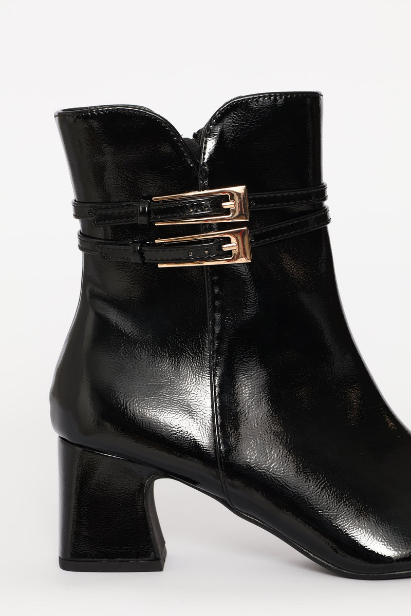 Double Buckle Trim Ankle Boot - Black