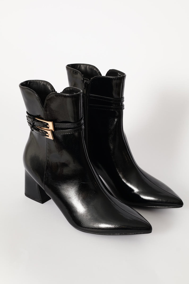 Double Buckle Trim Ankle Boot - Black